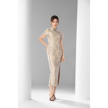 黛青盘扣蕾丝旗袍